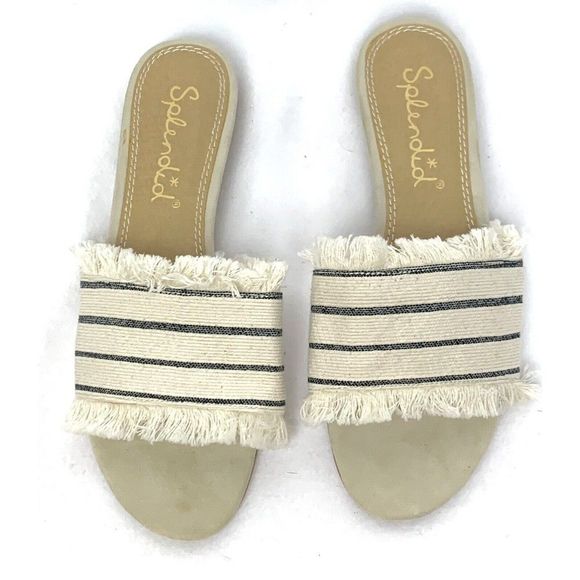 Splendid Baldwyn Ivory & Gray Striped Fringe Slides Size 6 Sandals Open Toe - Picture 11 of 12